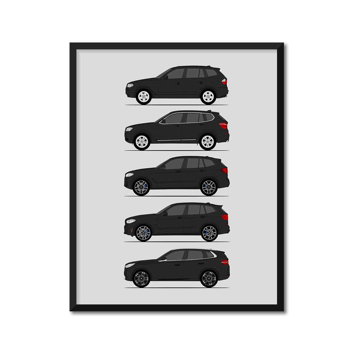 BMW X3 Generations History and Evolution Poster (Side Profile), framed with mat, variation 8