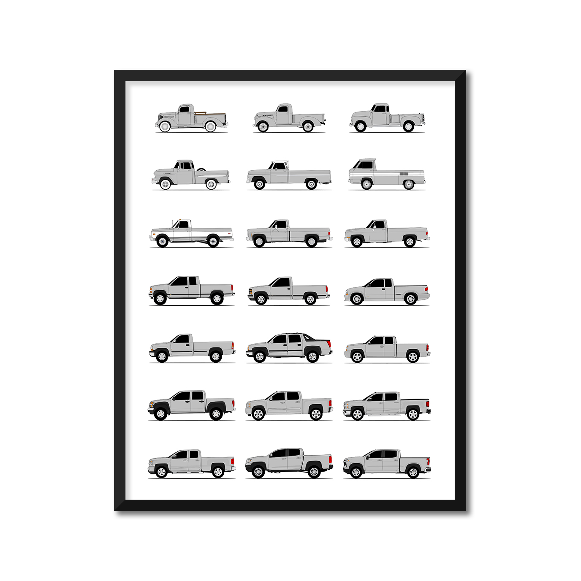 Chevy Pickup Truck Generations History and Evolution Poster (Side Profile)