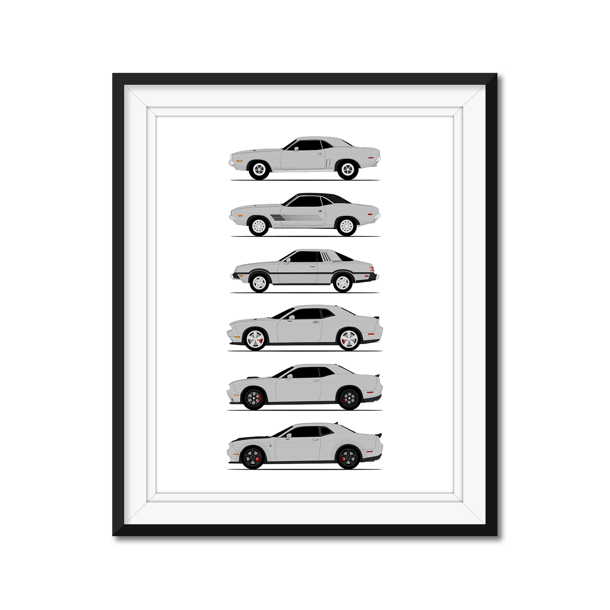 Dodge Challenger Generations History and Evolution Poster (Side Profile)