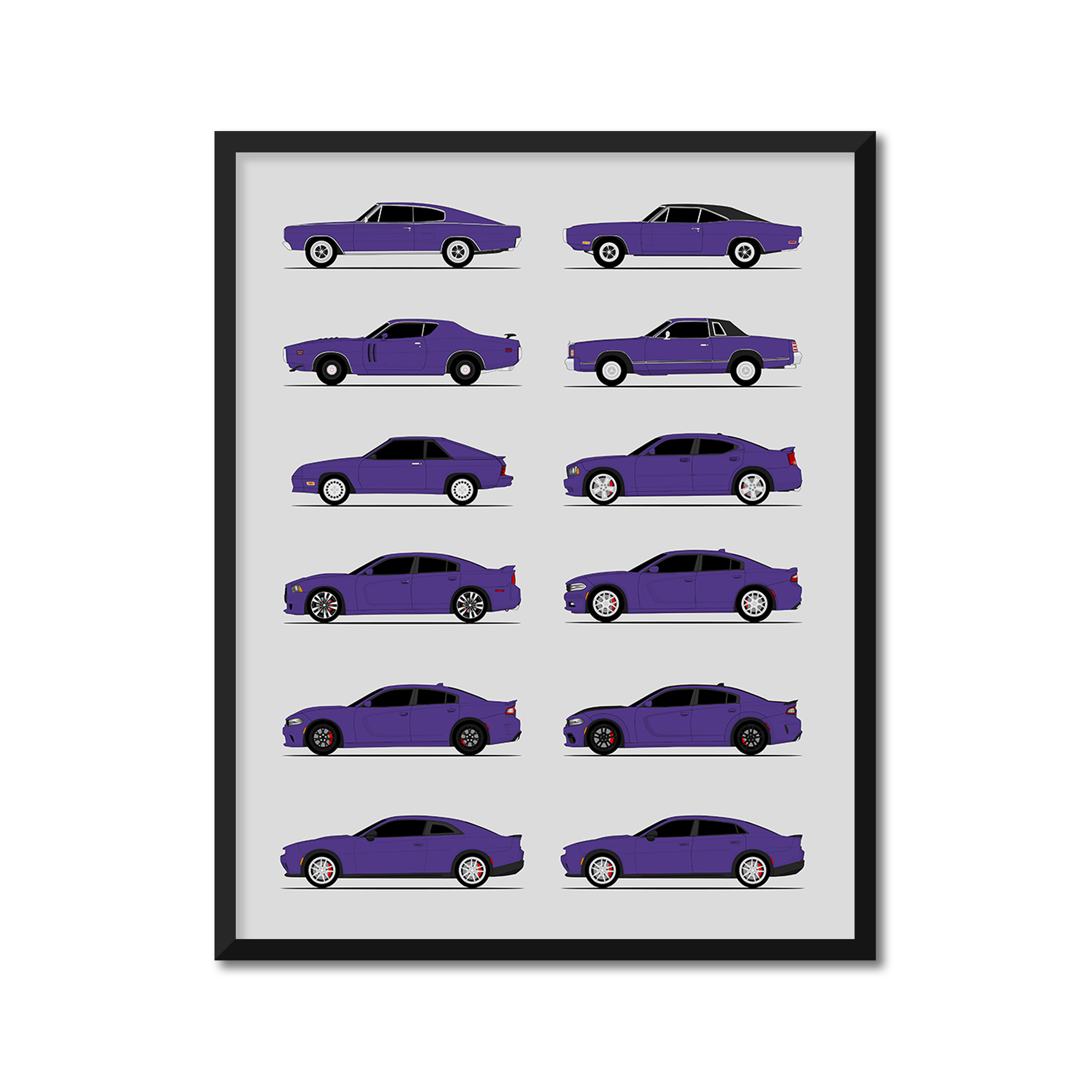 Dodge Charger Generations History and Evolution Poster (Side Profile)