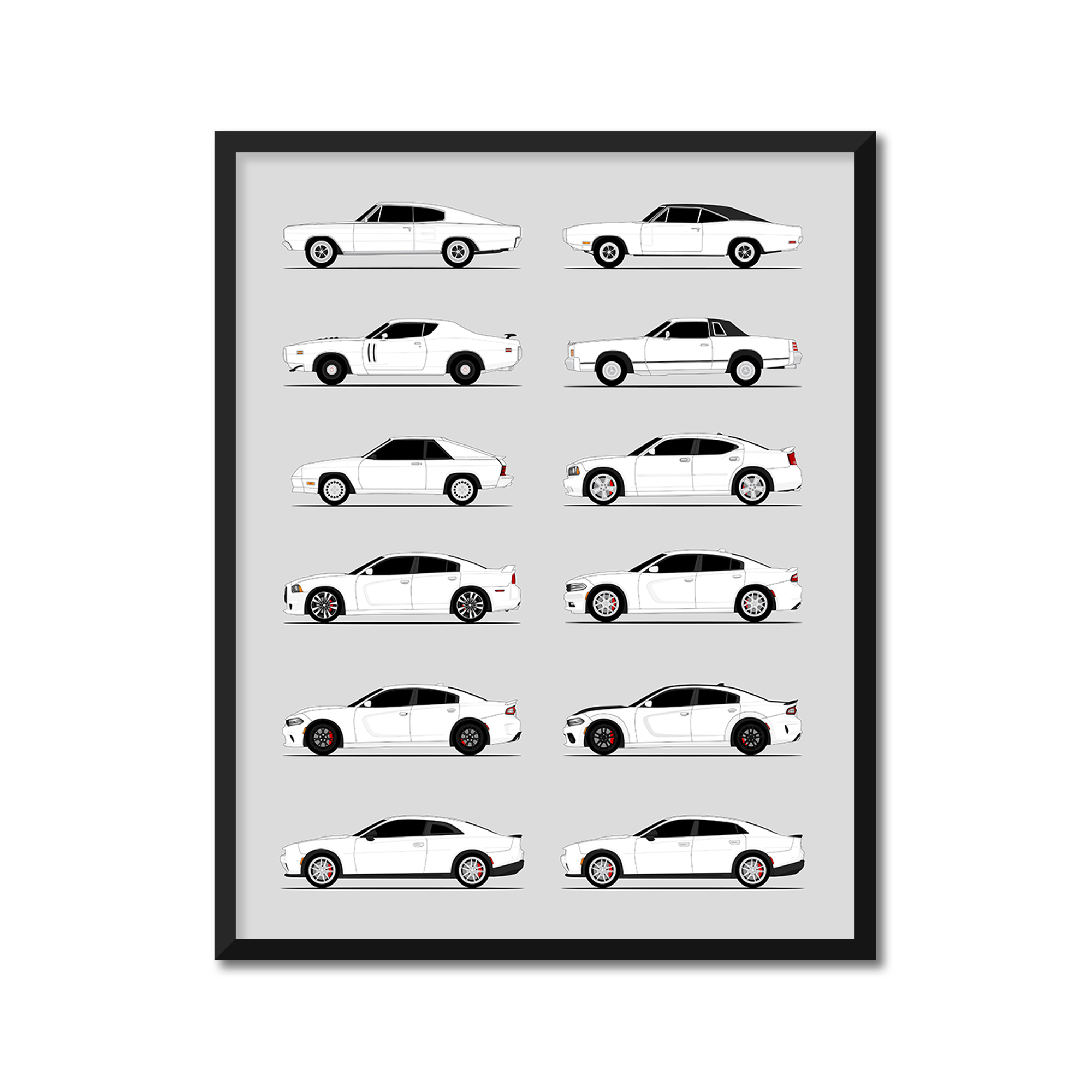 Dodge Charger Generations History and Evolution Poster (Side Profile)