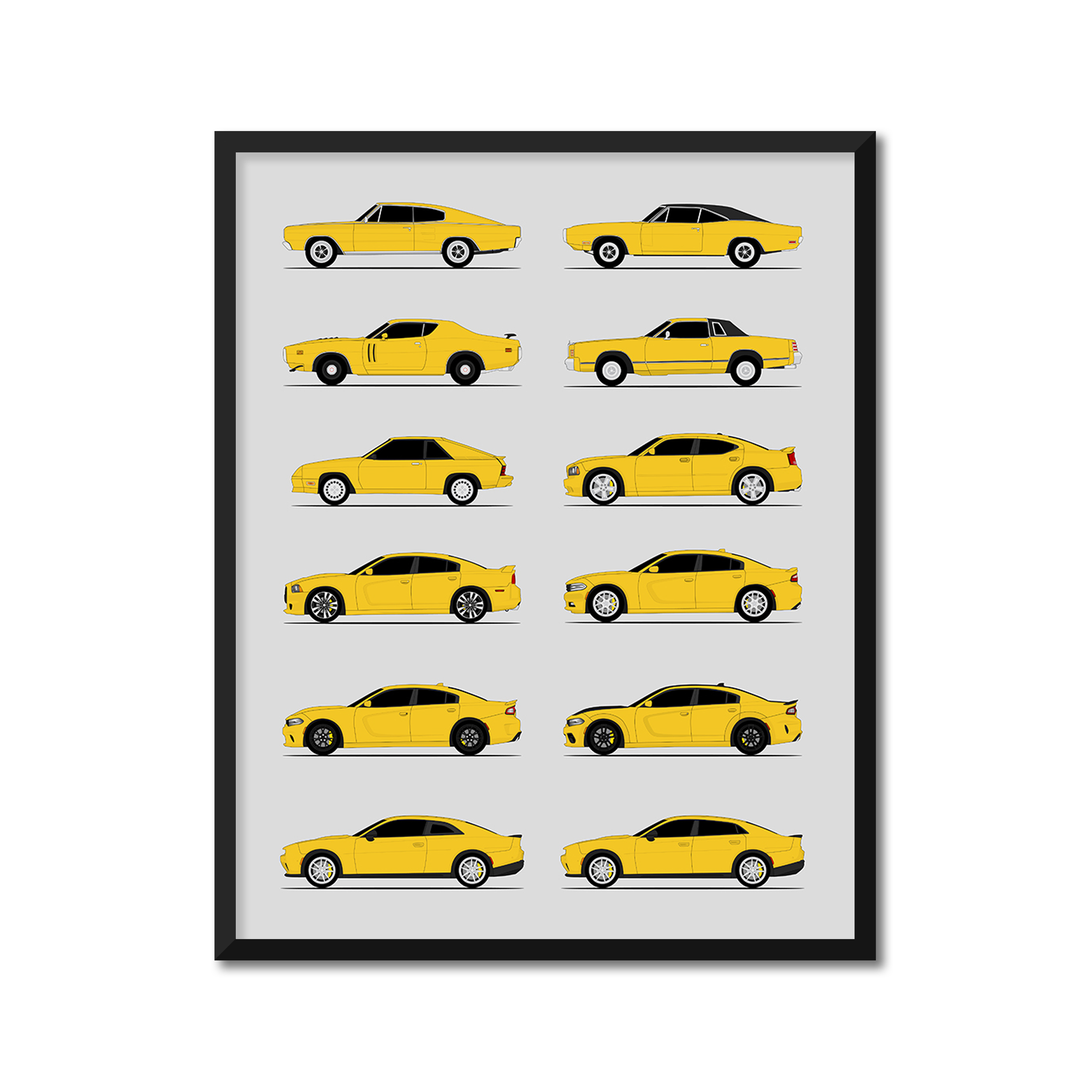 Dodge Charger Generations History and Evolution Poster (Side Profile)