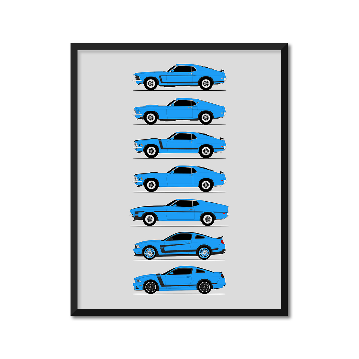 Ford Mustang Boss 302 351 429 Generations History and Evolution Poster (Side Profile)