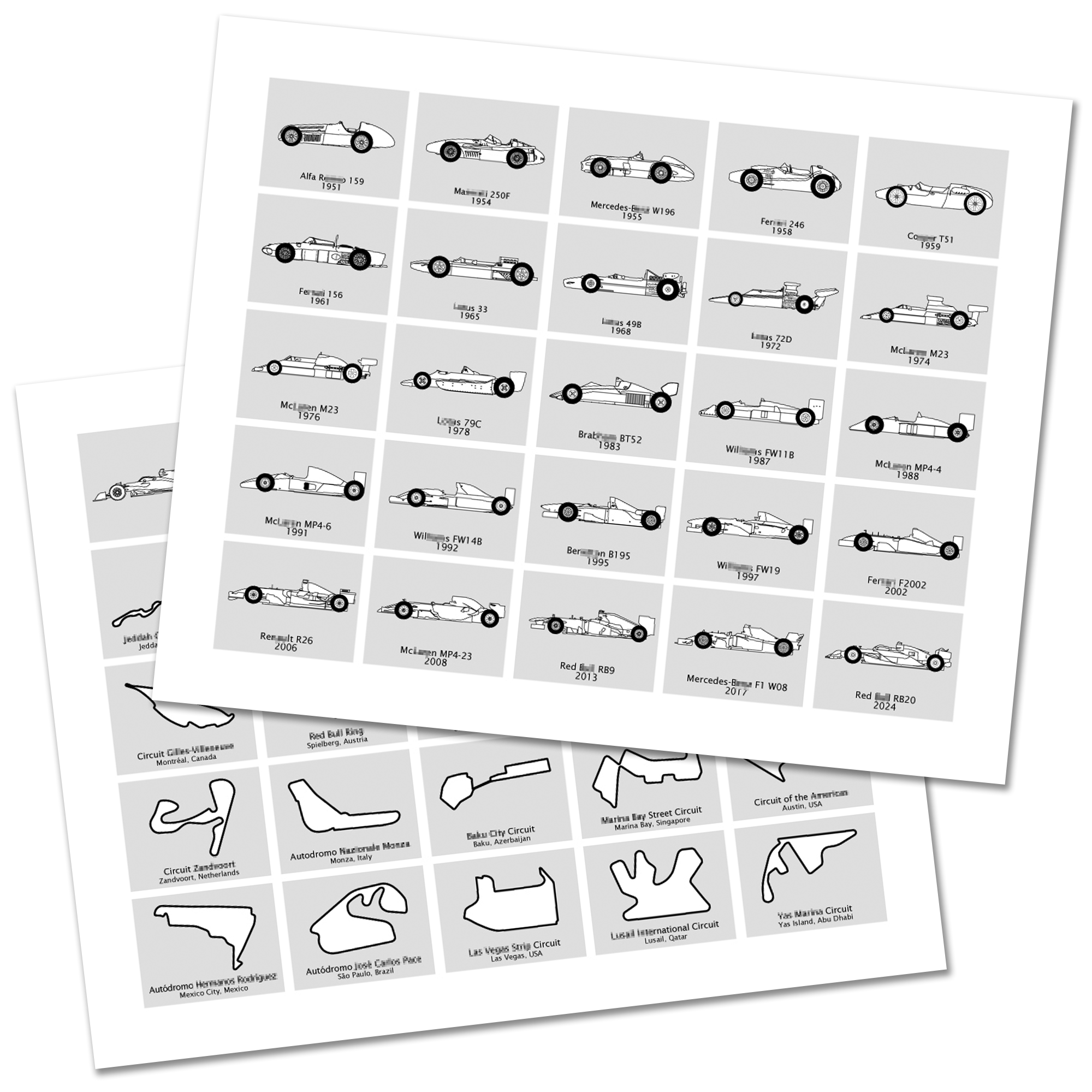 F1 Formula 1 2025 Race Track AND Race Car Generations Poster SET