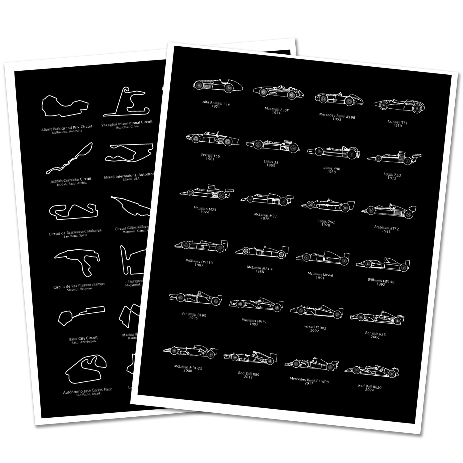 F1 Formula 1 2025 Race Track AND Race Car Generations Poster SET