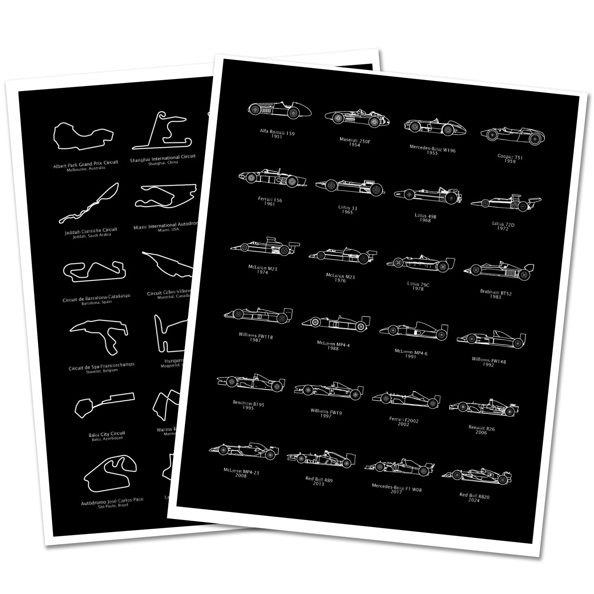 F1 Formula 1 2025 Race Track AND Race Car Generations Poster SET