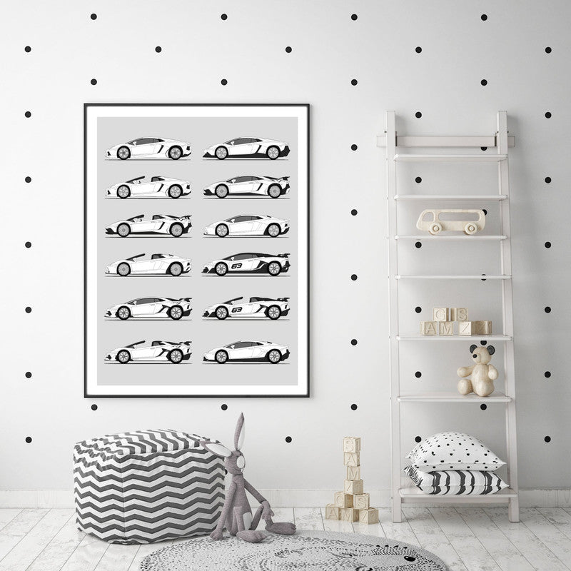 Lamborghini Aventador Generations History and Evolution Poster (Side Profile)