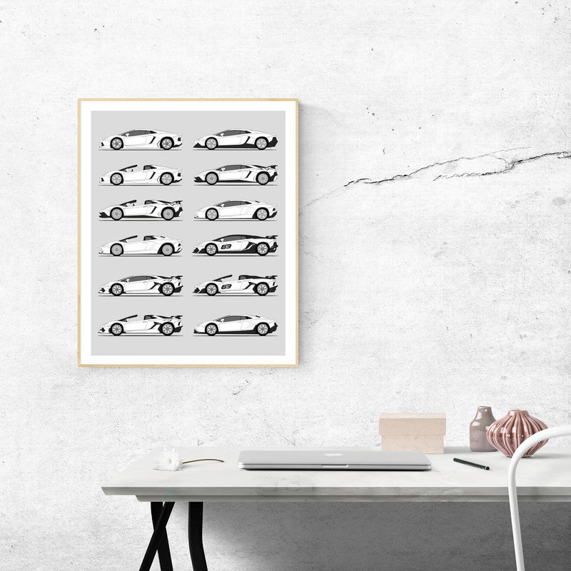 Lamborghini Aventador Generations History and Evolution Poster (Side Profile)