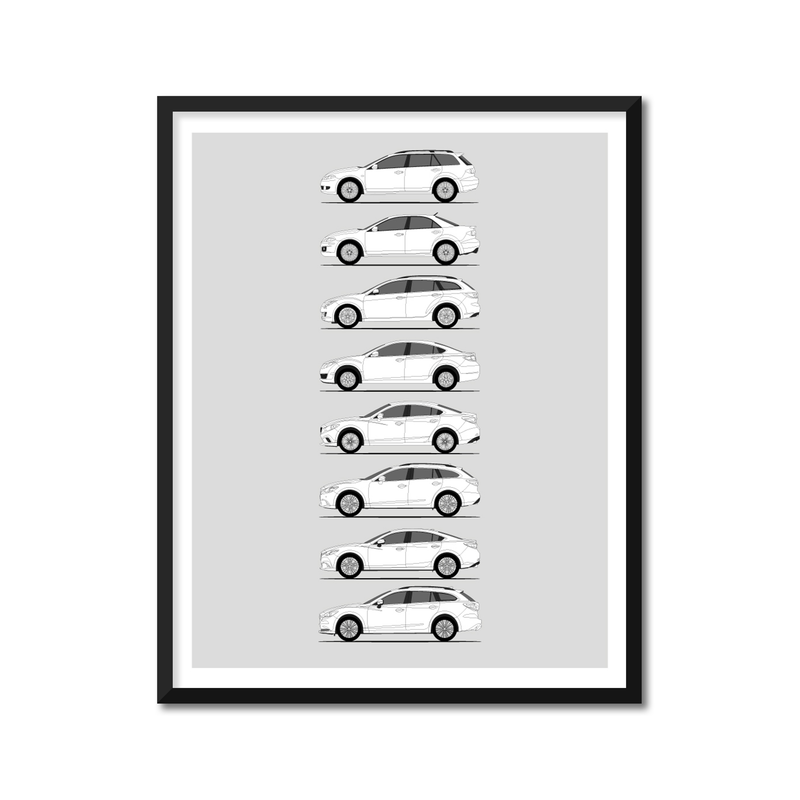 Mazda 6 Generations History and Evolution Poster (Side Profile)