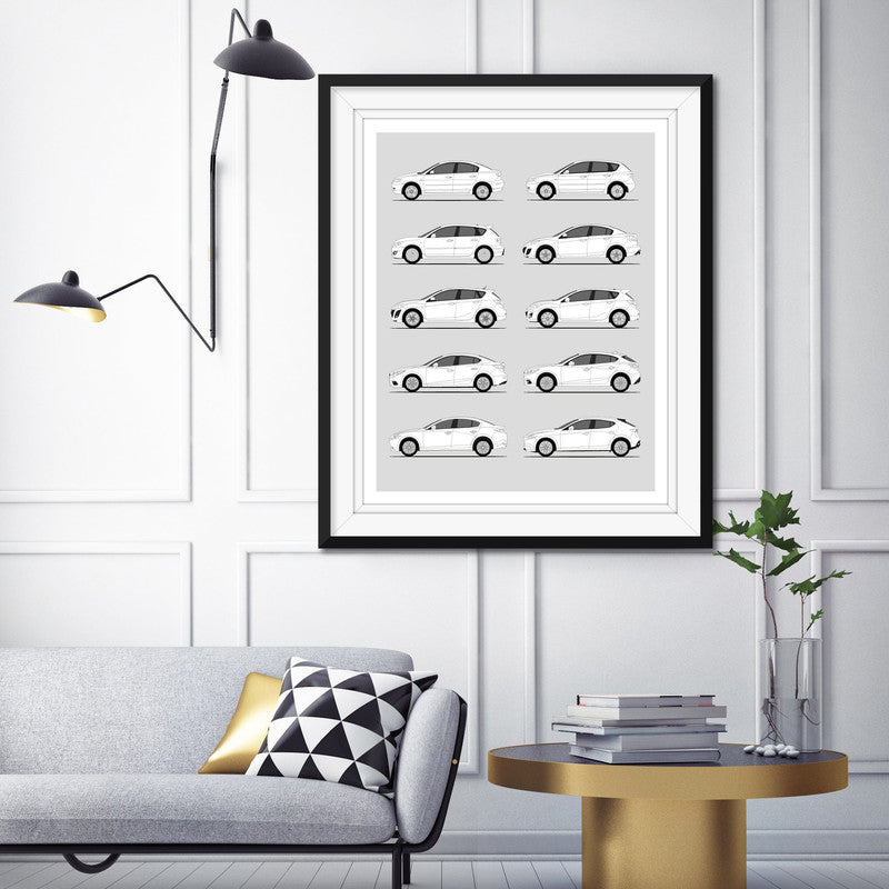 Mazda 3 Generations History and Evolution Poster (Side Profile)