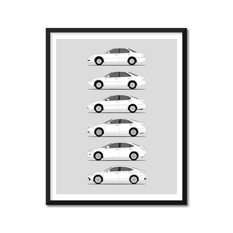 Lexus ES Generations History and Evolution Poster (Side Profile)