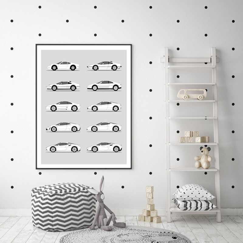 Ferrari Mid-Engine Sports Car Generations History and Evolution Poster (Side Profile)