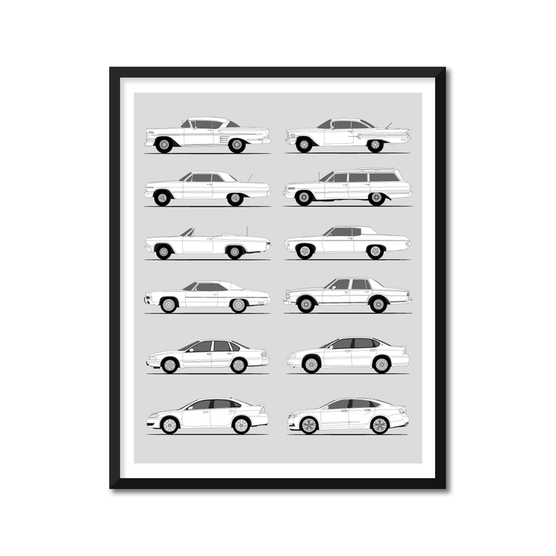 Chevy Impala Generations History and Evolution Poster (Side Profile)