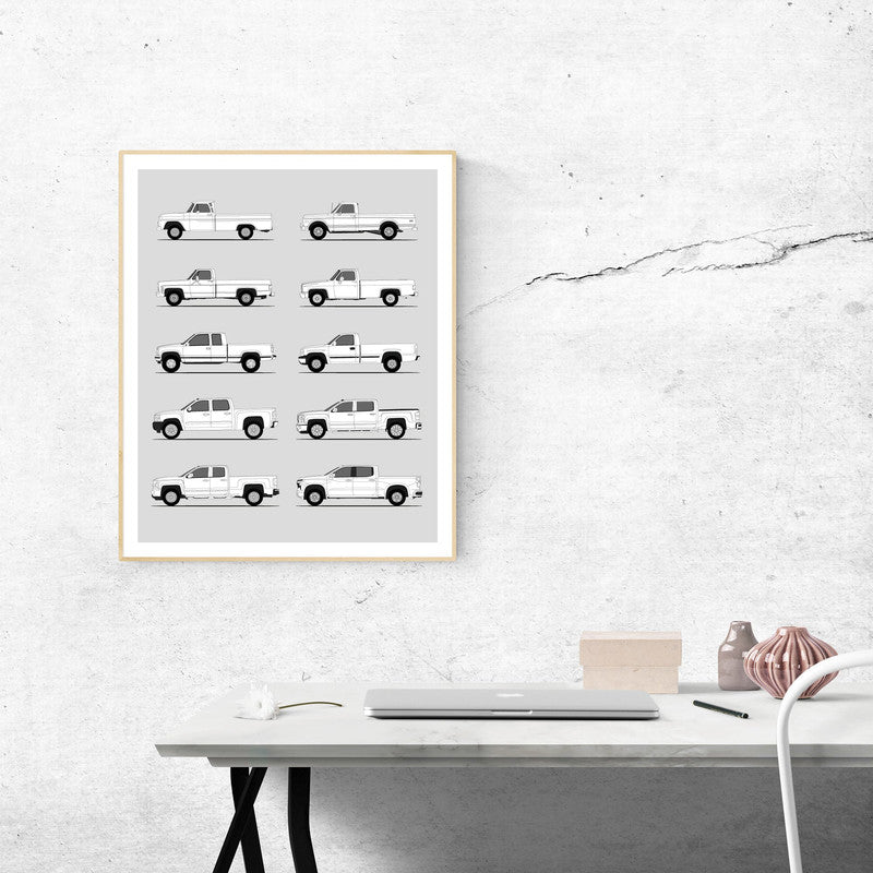 Chevy Silverado Generations History and Evolution Poster (Side Profile)