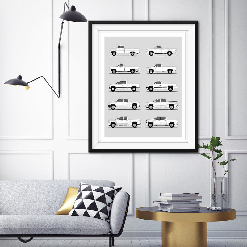 Chevy Silverado Generations History and Evolution Poster (Side Profile)