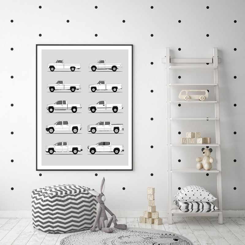 Chevy Silverado Generations History and Evolution Poster (Side Profile)