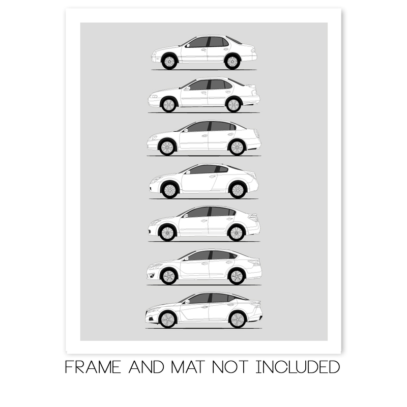Nissan Altima Generations History and Evolution Poster (Side Profile)