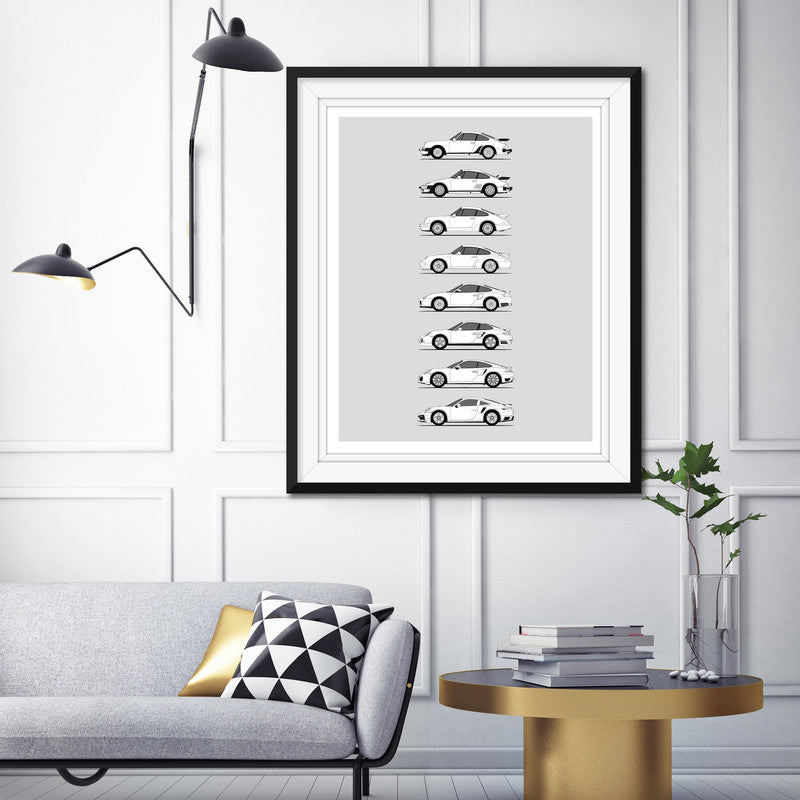 Porsche 911 Turbo Generations History and Evolution Poster (Side Profile)
