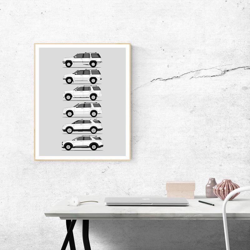 Ford Explorer Generations History and Evolution Poster (Side Profile)