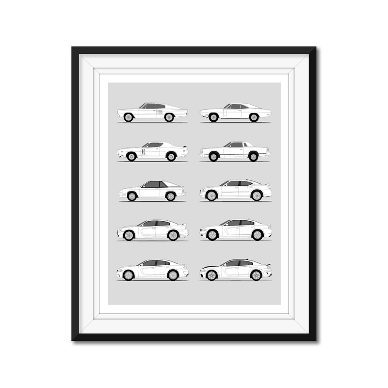 Dodge Charger Generations History and Evolution Poster (Side Profile)