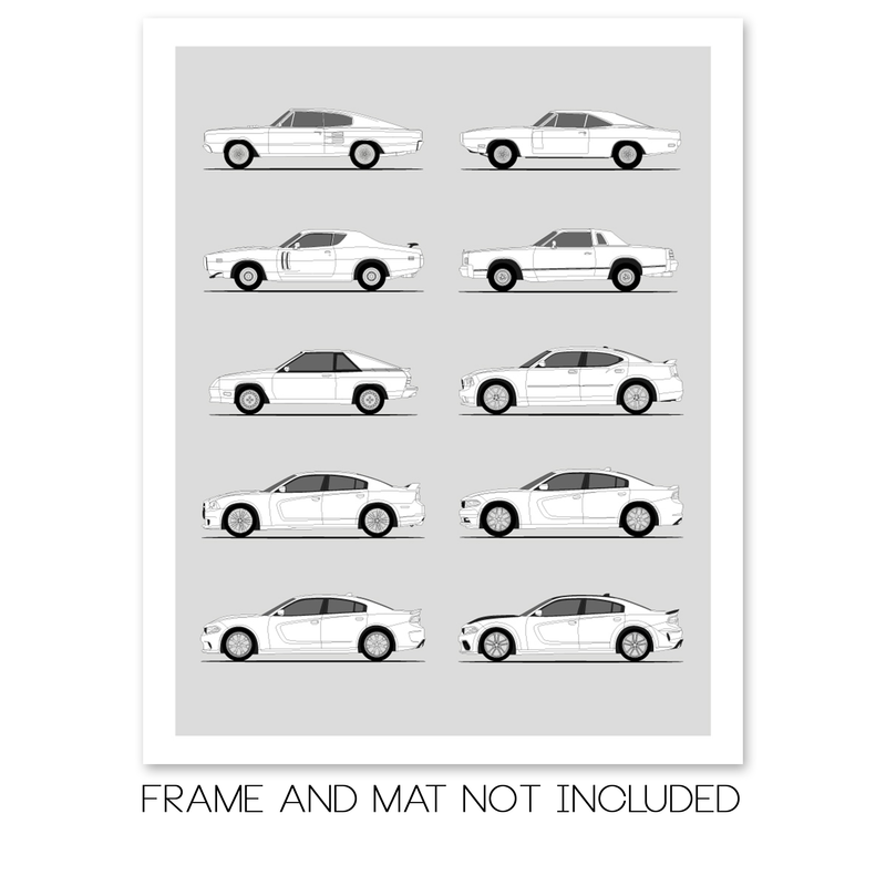 Dodge Charger Generations History and Evolution Poster (Side Profile)
