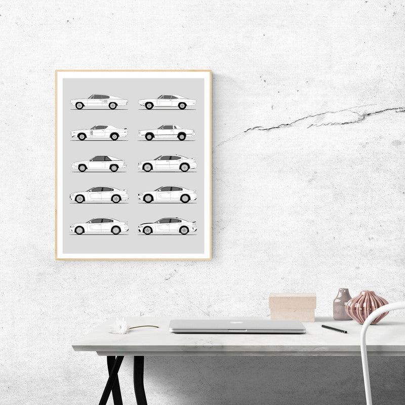 Dodge Charger Generations History and Evolution Poster (Side Profile)
