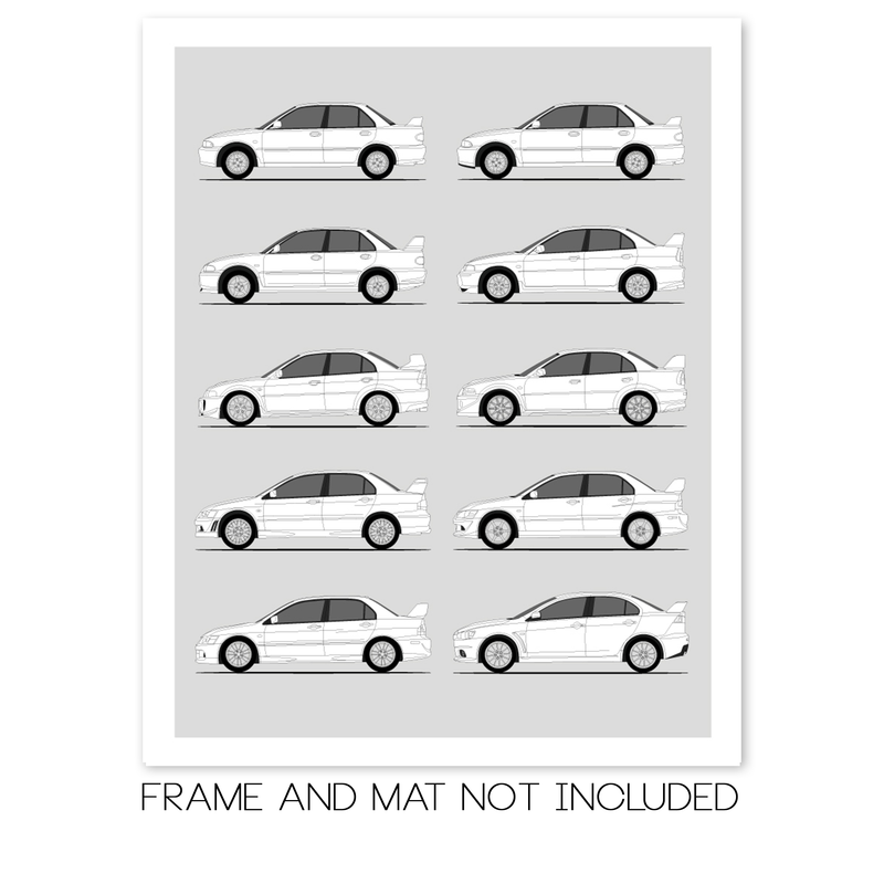 Mitsubishi Lancer Evolution Generations History and Evolution Poster (Side Profile)