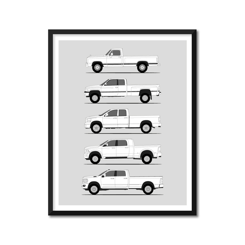 Dodge 3500 Generations History and Evolution Poster (Side Profile)