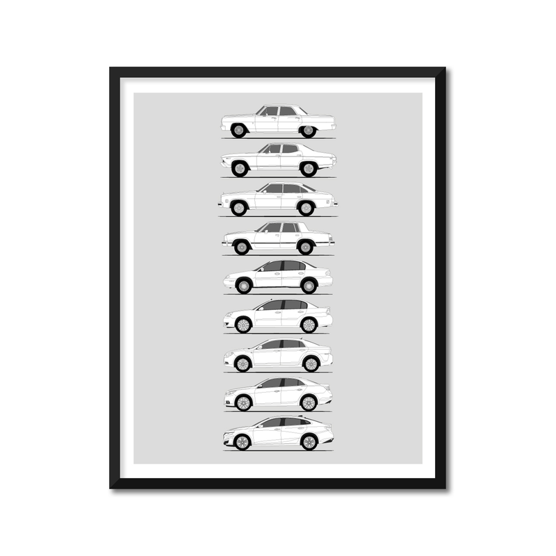 Chevy Malibu Generations History and Evolution Poster (Side Profile)