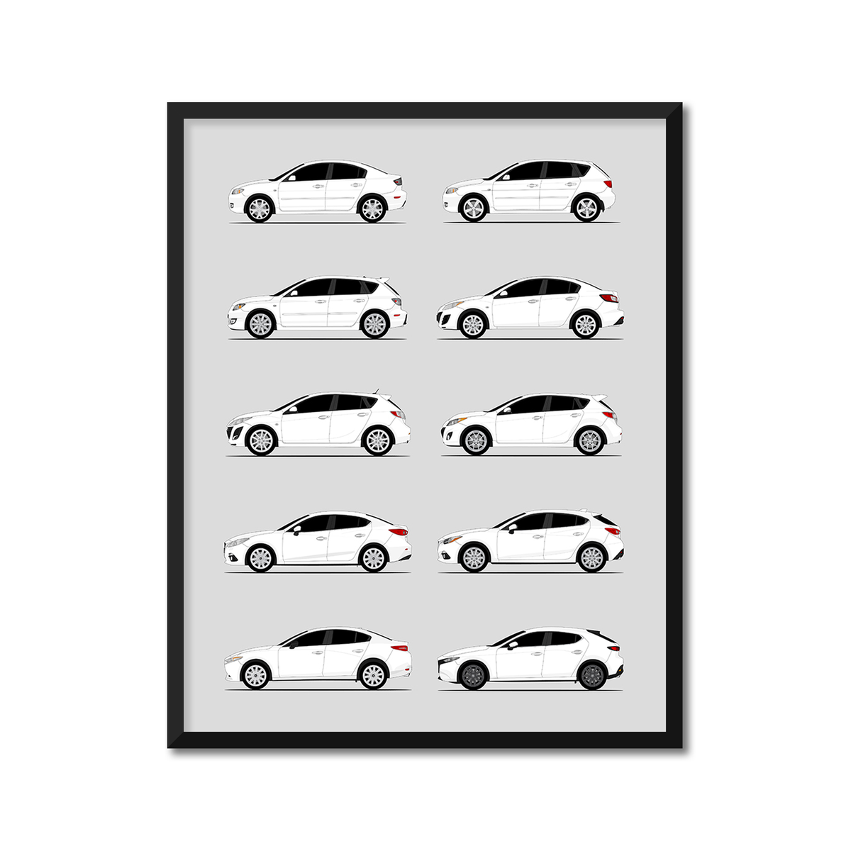 Mazda 3 Generations History and Evolution Poster (Side Profile)
