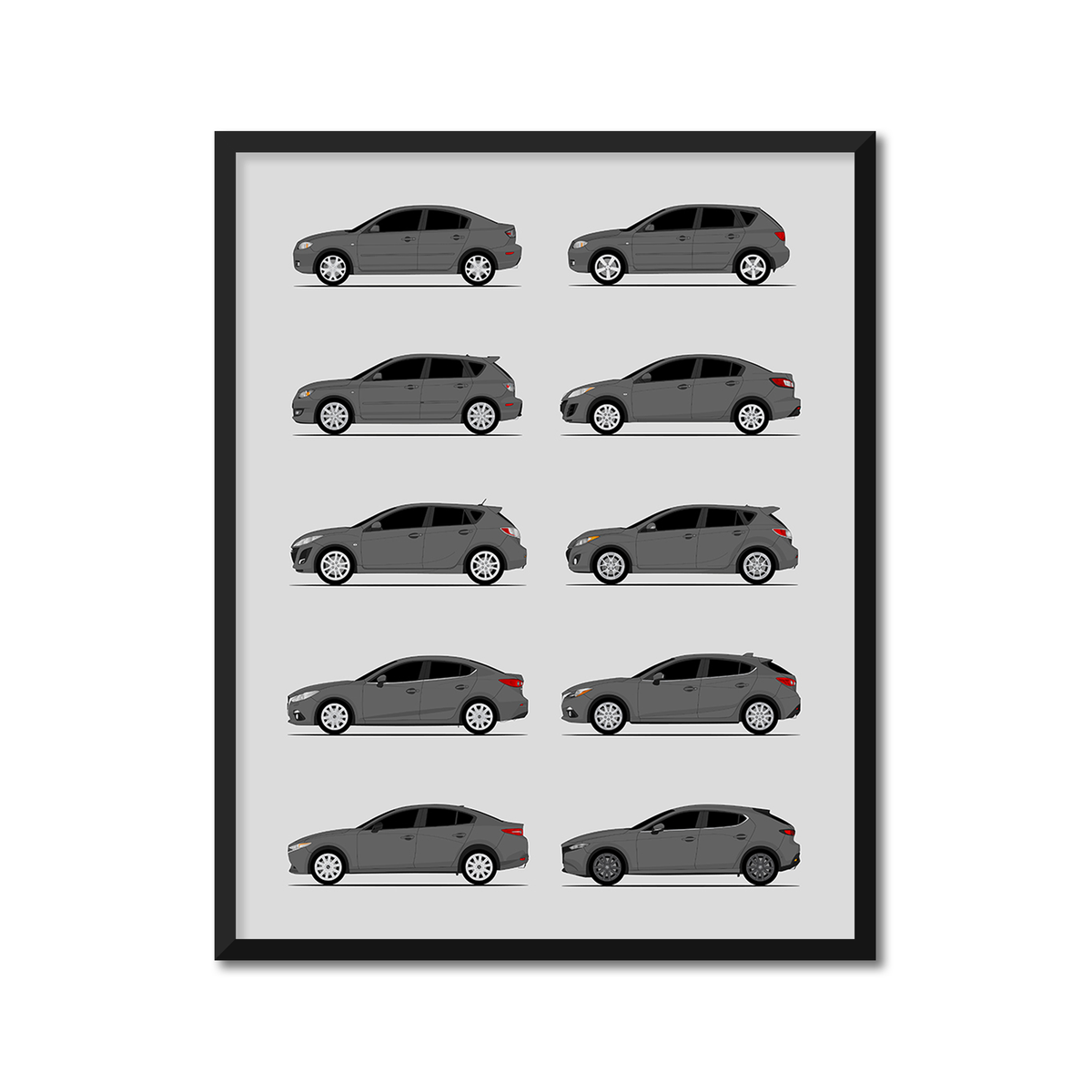 Mazda 3 Generations History and Evolution Poster (Side Profile)