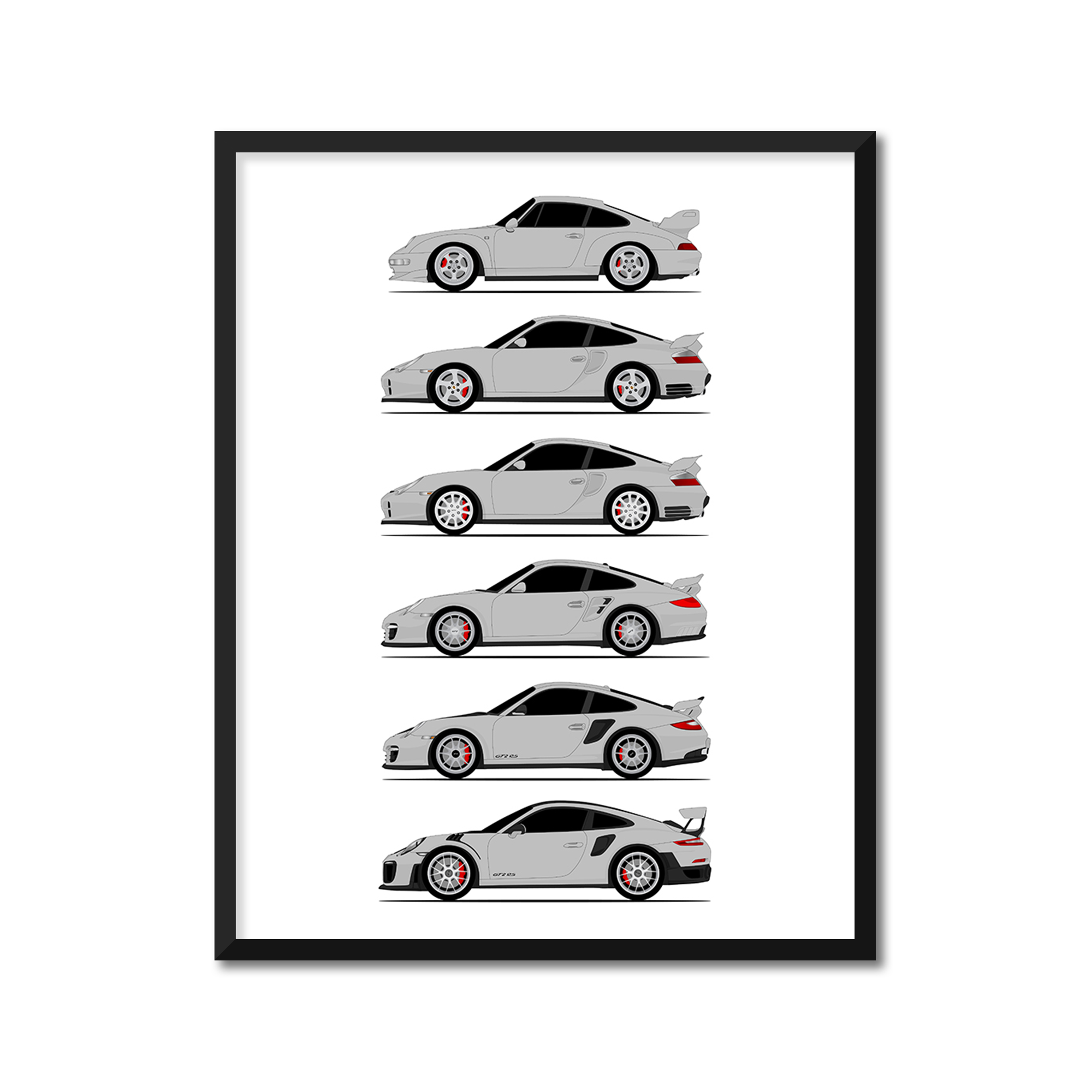 Porsche GT2 Generations History and Evolution Poster (Side Profile)