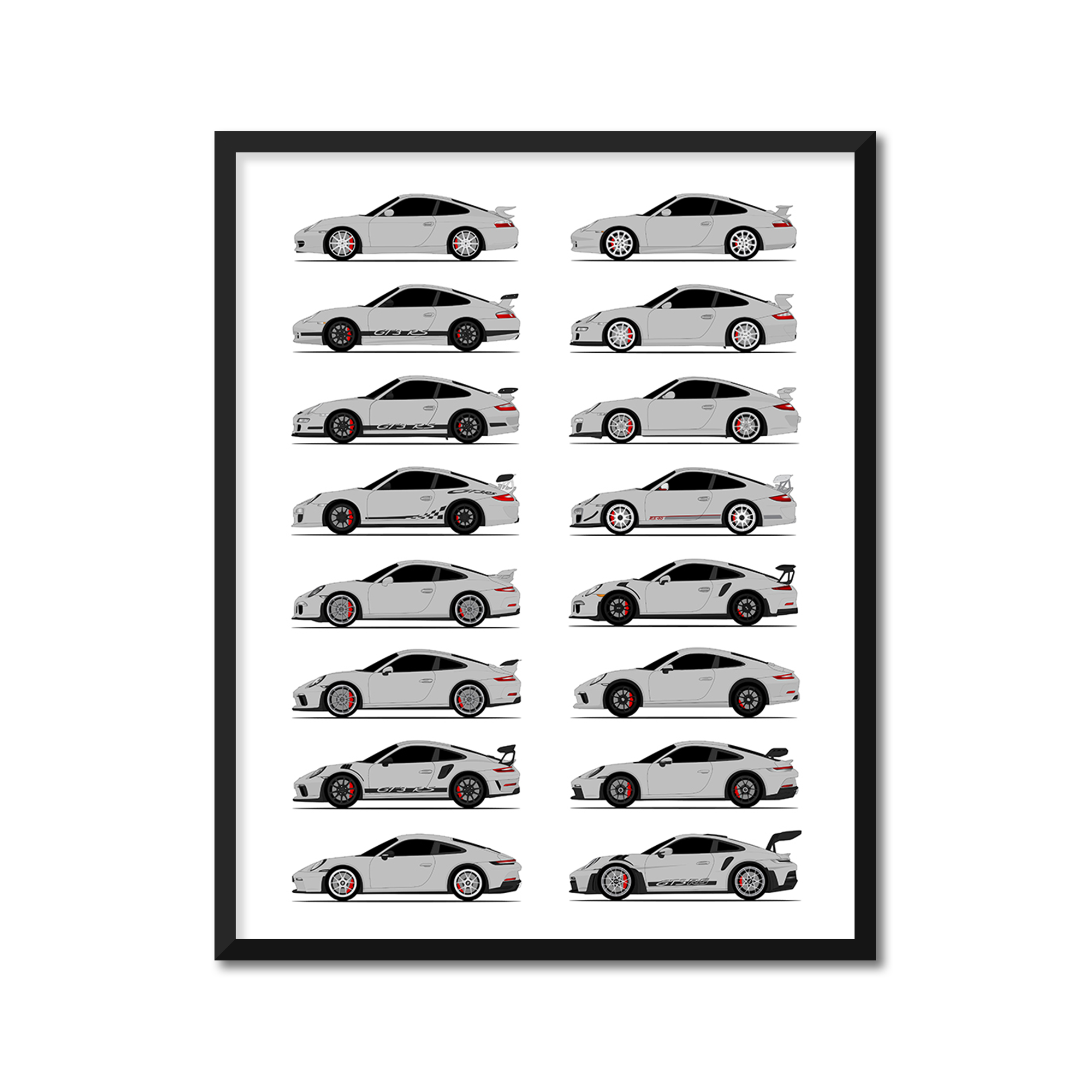 Porsche GT3 Generations History and Evolution Poster (Side Profile)