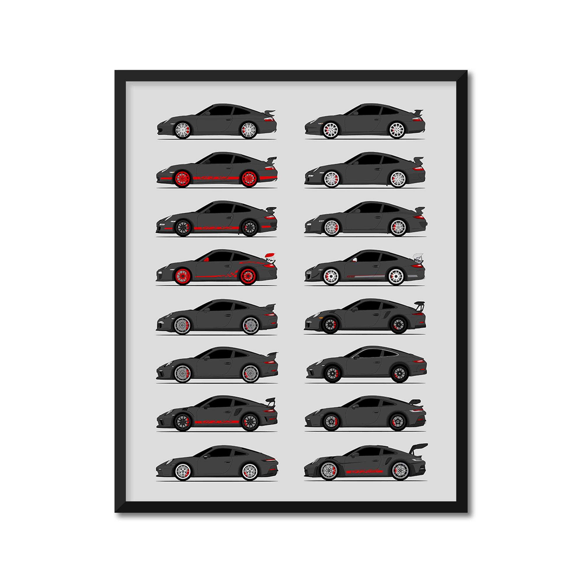 Porsche GT3 Generations History and Evolution Poster (Side Profile)