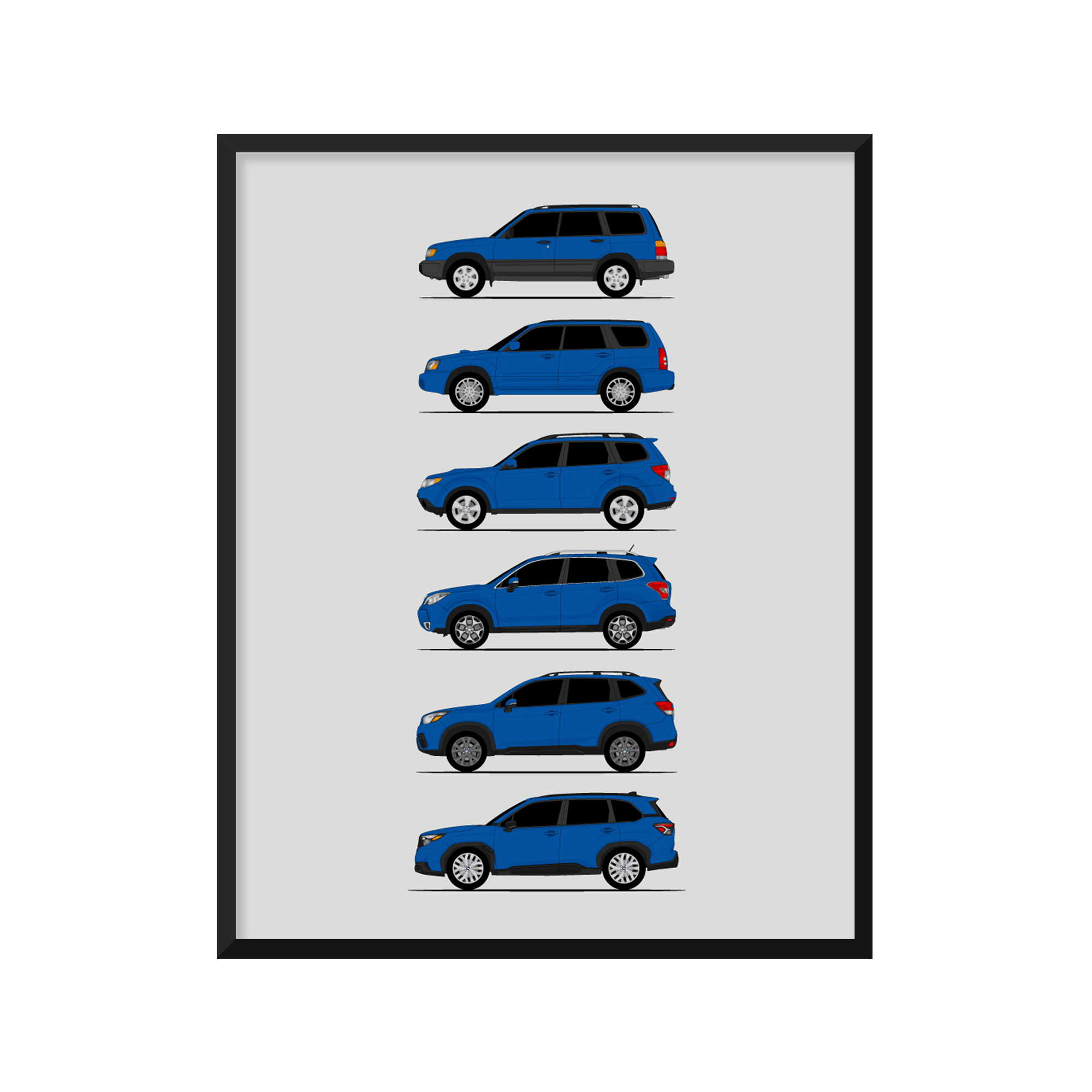 Subaru Forester Generations History and Evolution Poster (Side Profile)