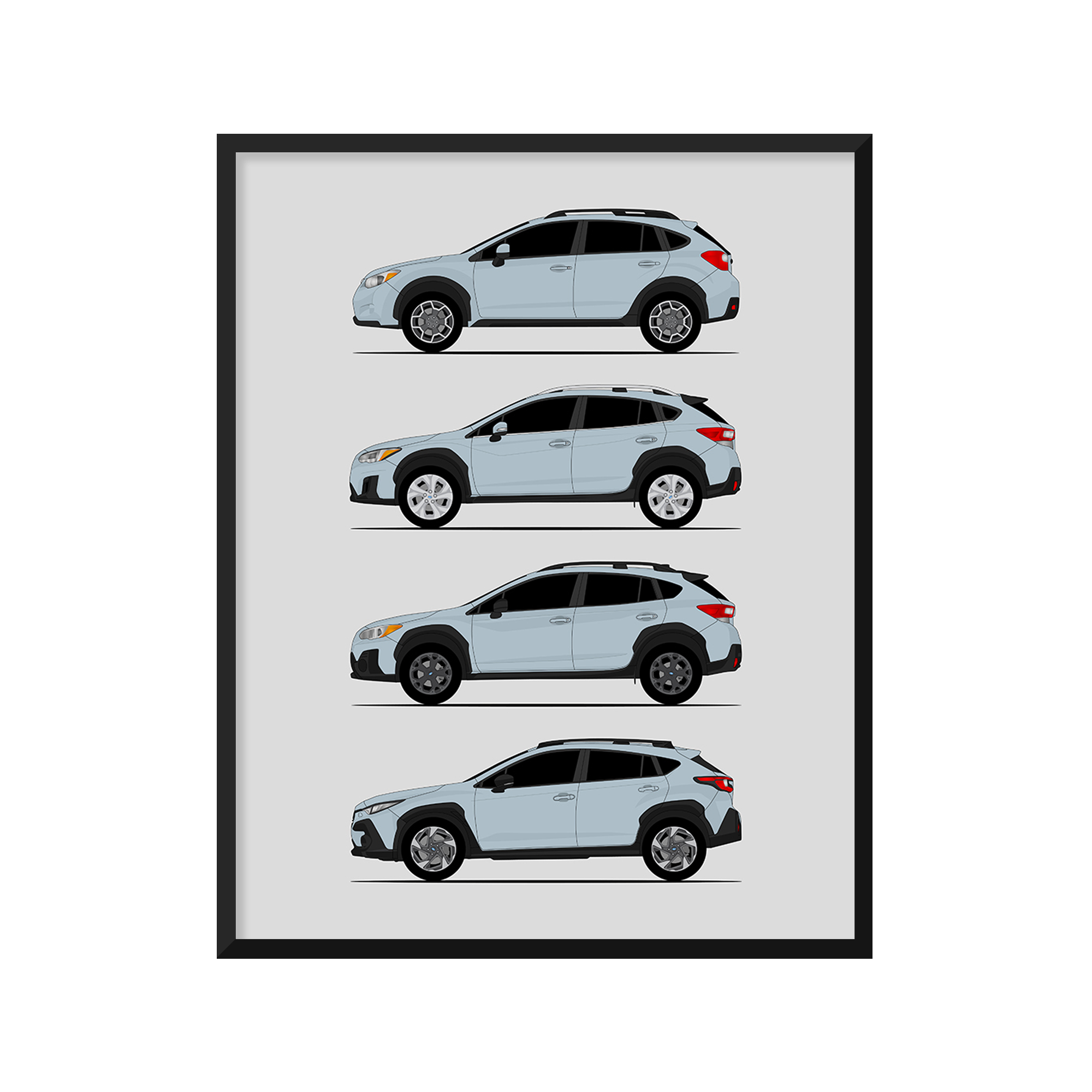 Subaru Crosstrek Generations History and Evolution Poster (Side Profile)