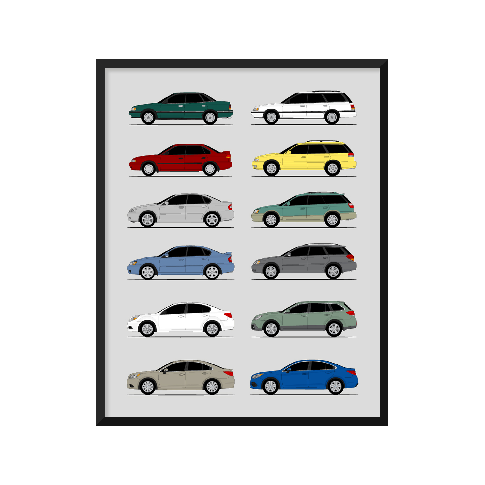 Subaru Legacy Generations History and Evolution Poster (Side Profile)