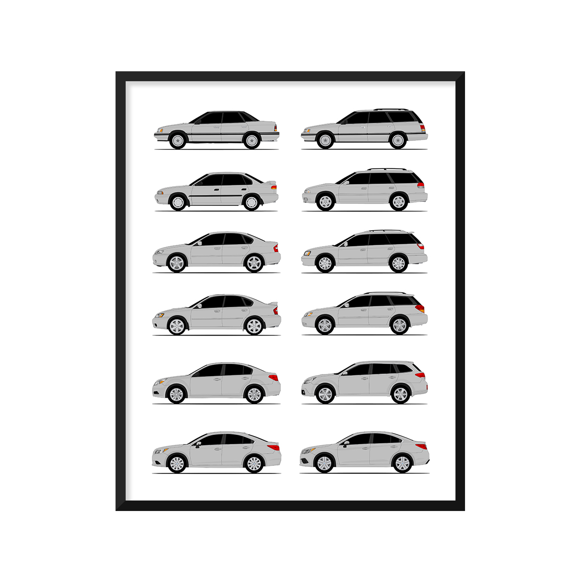 Subaru Legacy Generations History and Evolution Poster (Side Profile)