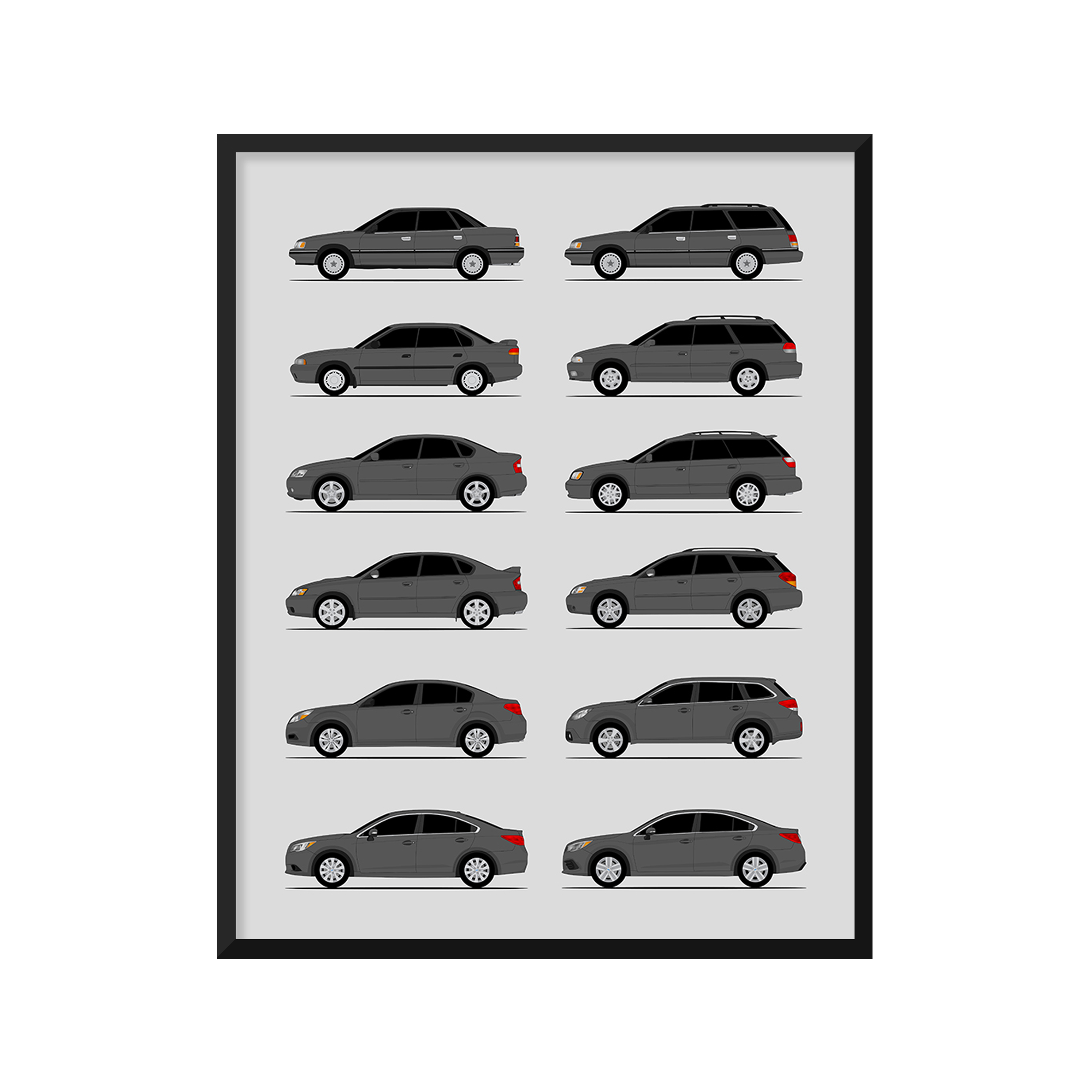 Subaru Legacy Generations History and Evolution Poster (Side Profile)