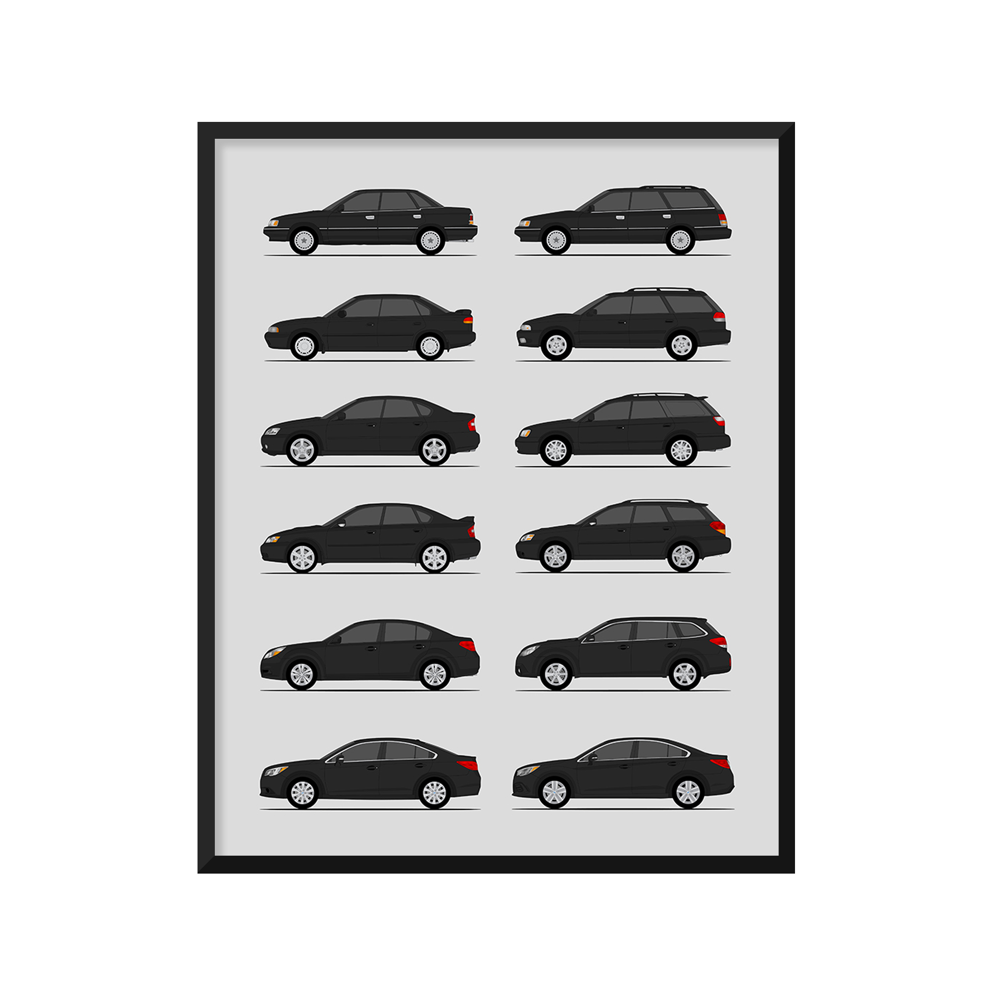 Subaru Legacy Generations History and Evolution Poster (Side Profile)