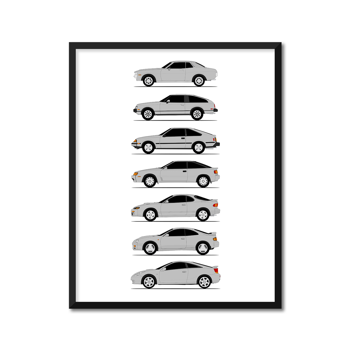 Toyota Celica Generations History and Evolution Poster (Side Profile)