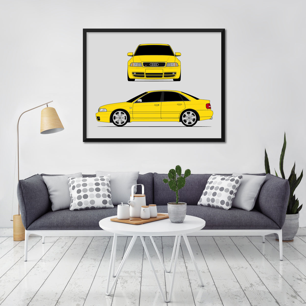 Audi S4 (1997-2002) B5 (Front and Side) car poster wall art in a light living room
