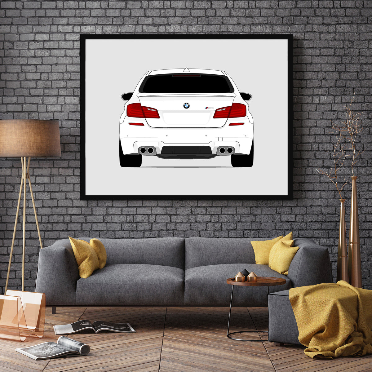 BMW M5 (2011-2016) F10 (Rear) car poster wall art in a dark grey living room