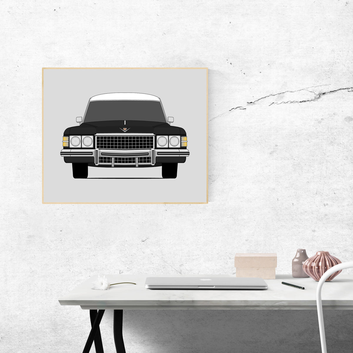 Cadillac Hearse (1971-1976) car poster wall art above a desk