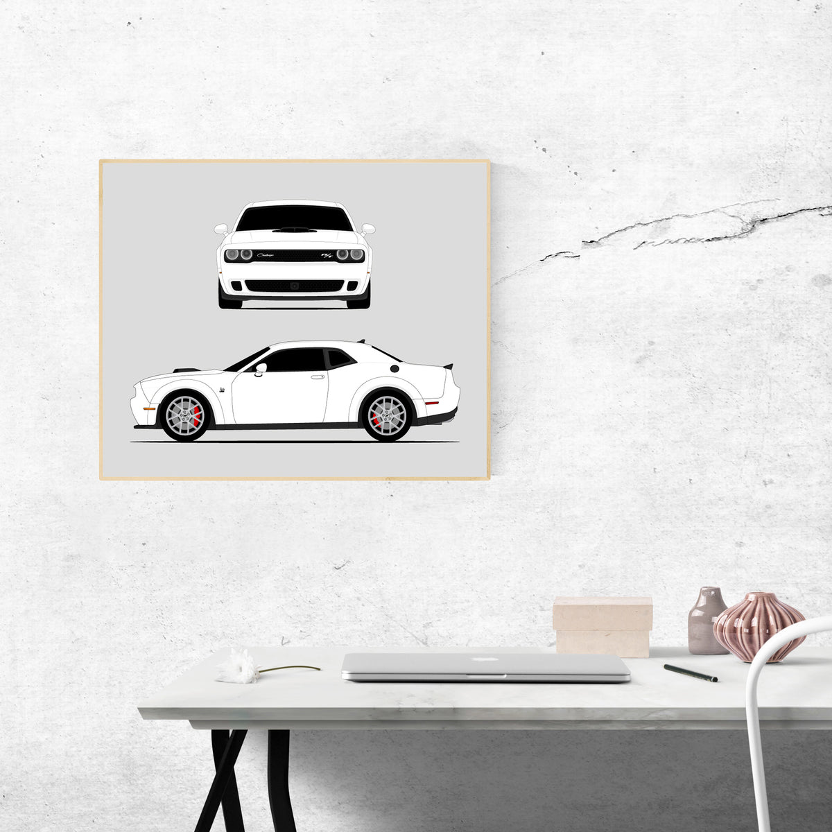 Dodge Challenger SRT Hellcat (2019-2023) car poster wall art above a desk