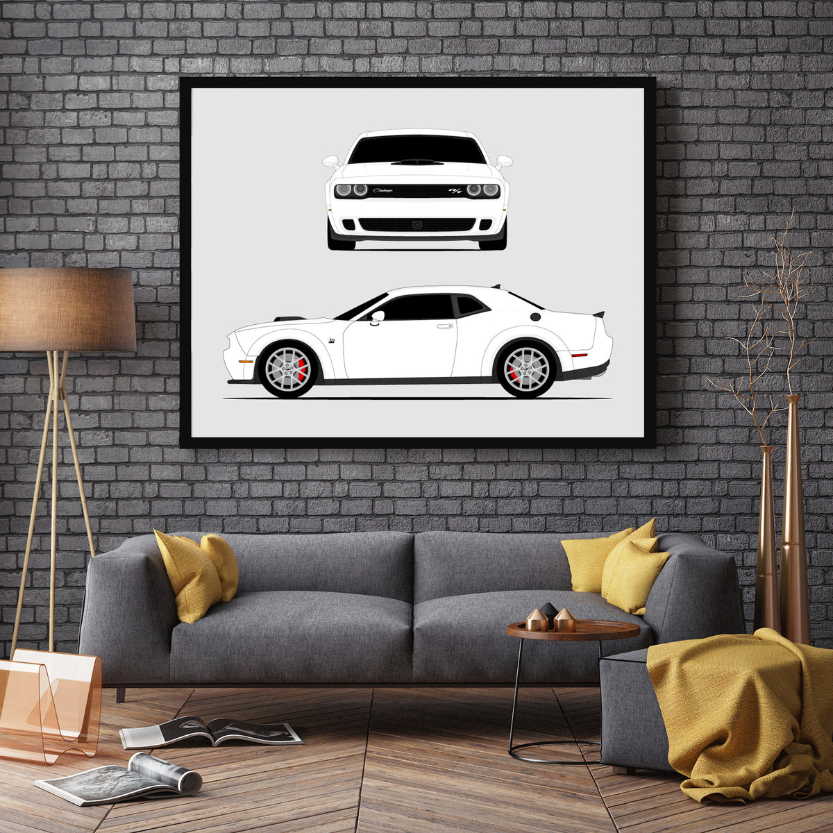 Dodge Challenger SRT Hellcat (2019-2023) car poster wall art in a dark grey living room