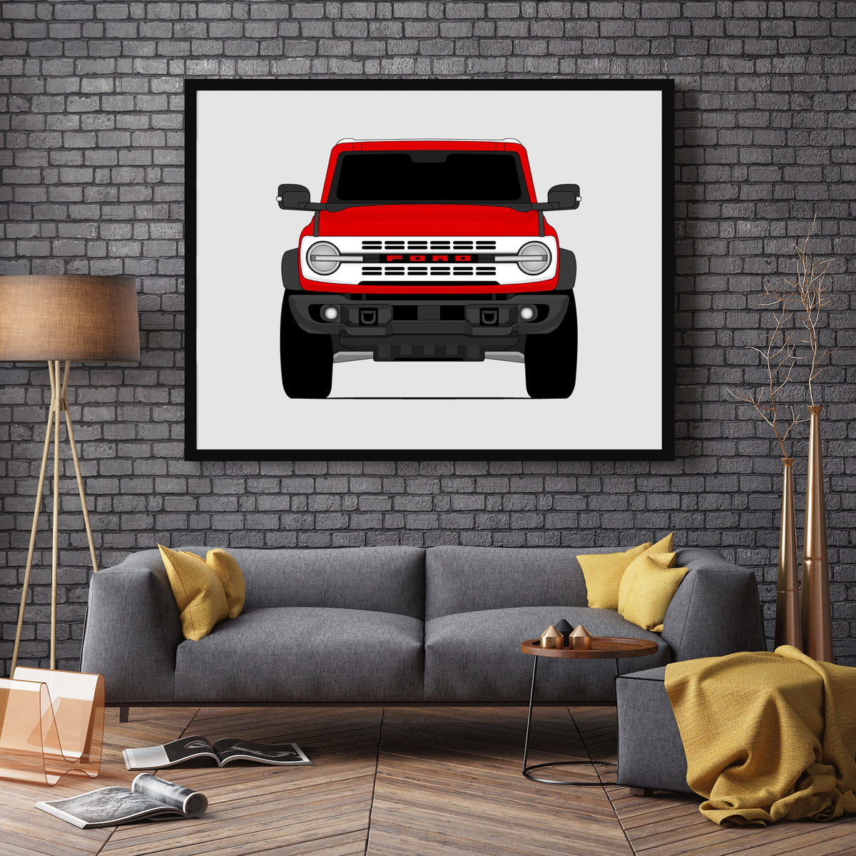 Ford Bronco Heritage Edition (2023-Present) car poster wall art in a dark grey living room