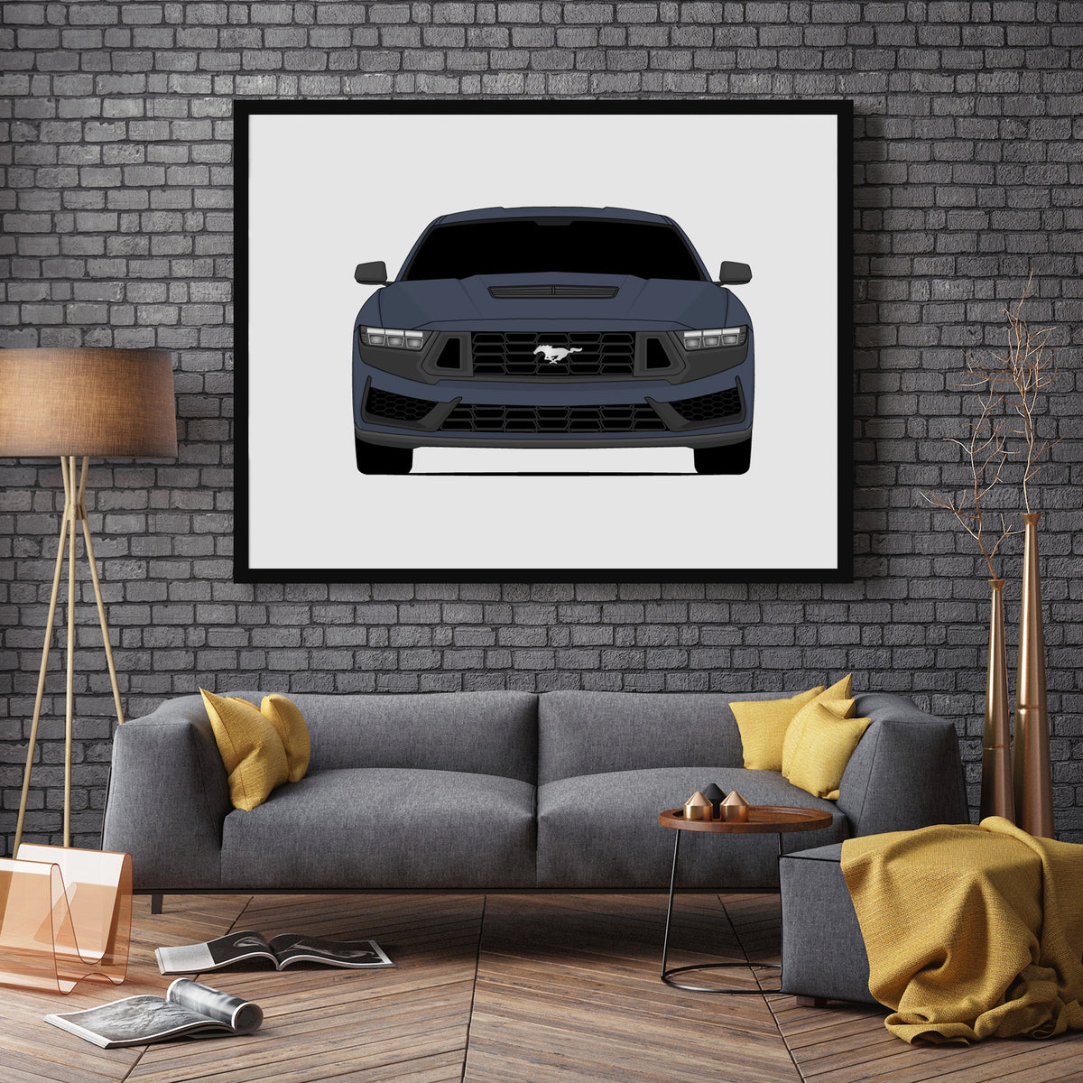 Ford Mustang Dark Horse (2024-Present) S650 car poster wall art in a dark grey living room