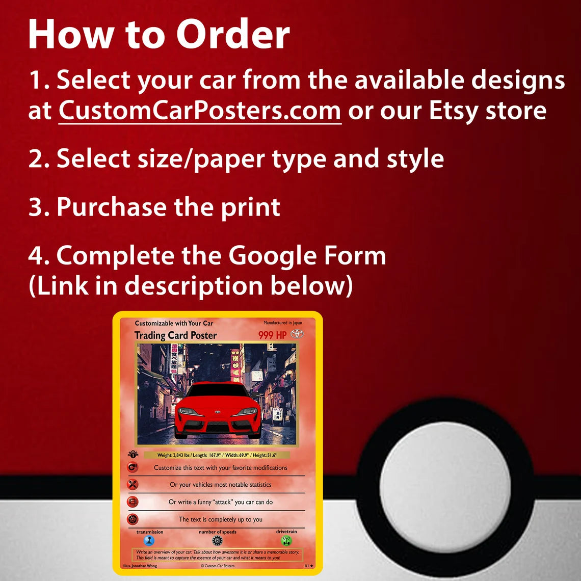 Custom Pokemon Inspired Jumbo Trading Card Poster of Your Car - Giant Card Style Print