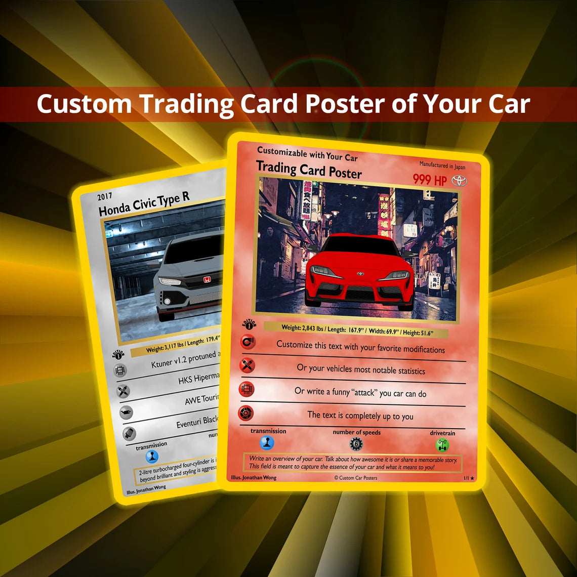 Custom Pokemon Inspired Jumbo Trading Card Poster of Your Car - Giant Card Style Print
